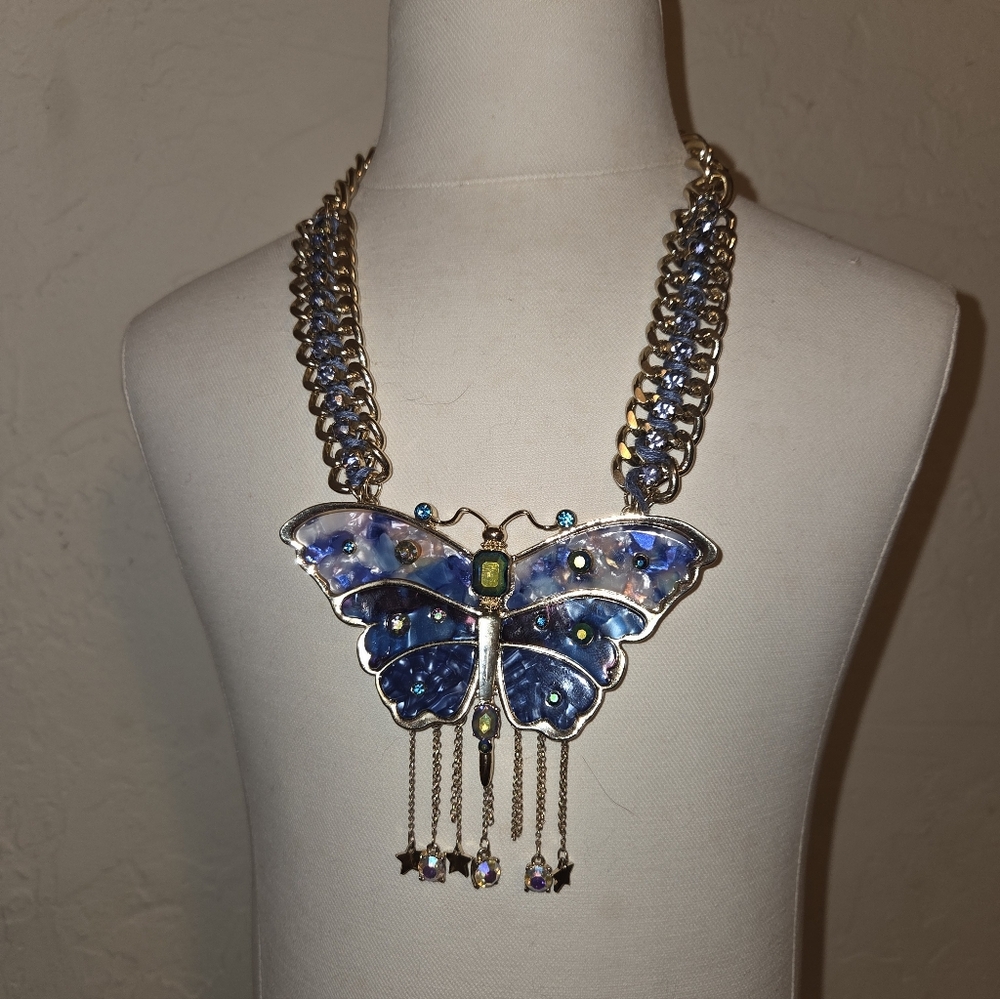 Betsey Johnson Blue Wing Butterfly Statement Necklace Gold Tone